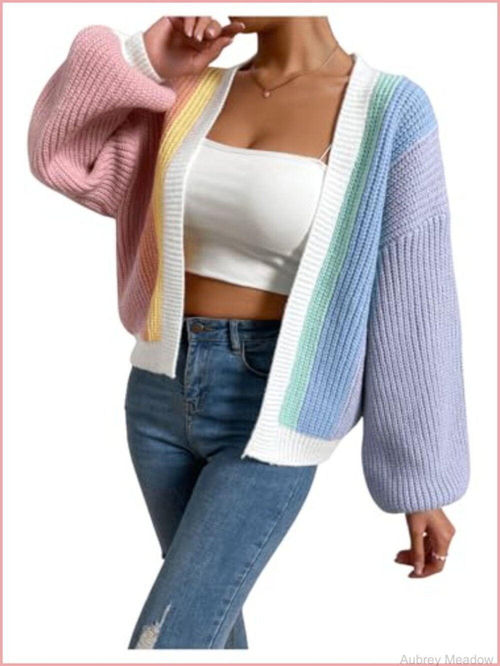 Women's Color Block Cropped Cardigan Open Front Ribbed Knit Sweater